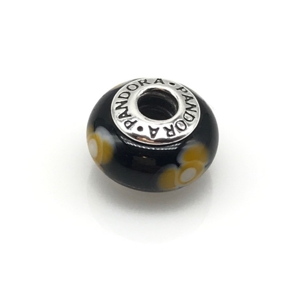 Pandora Retired Black Yellow Flowers For You Floral Murano Glass Bead Charm - Picture 2 of 5